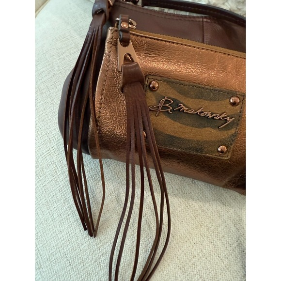 B Makowski Metallic Bronze Brown Pebbled Leather Tassel Crossbody Purse - Picture 9 of 13